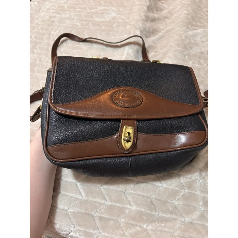 Vtg Dooney & Bourke AWL Navy Brwn Leather Satchel Crossbody Kiss Lock Wallet Set